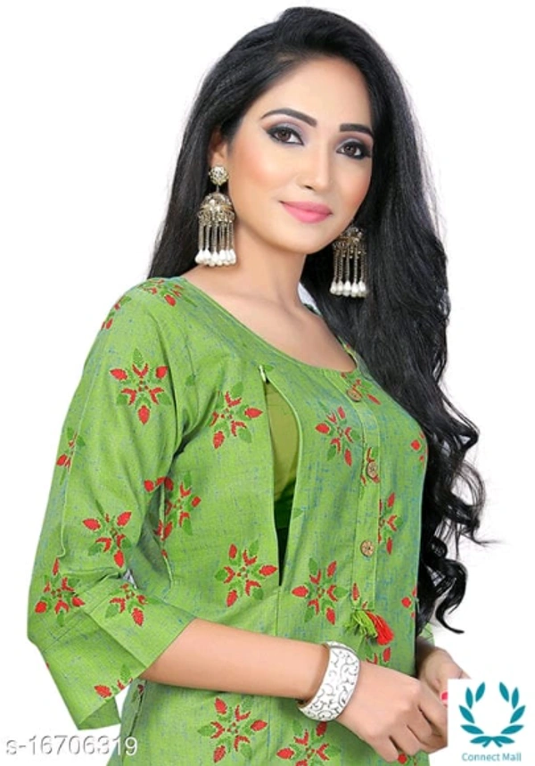 Women Cotton Maternity Applique Green Kurti - XL (Bust Size: 42 in, Size Length: 44 in)